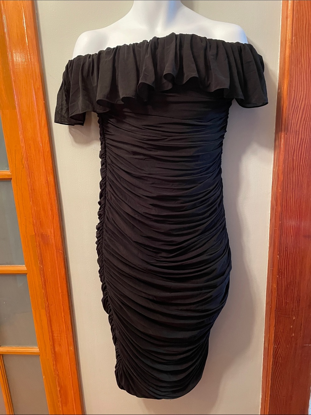 ⭐️NWT TORN BY RONNY KOBO Off-Shoulder Black Ruched Bodycon Coquette Y2K Dress